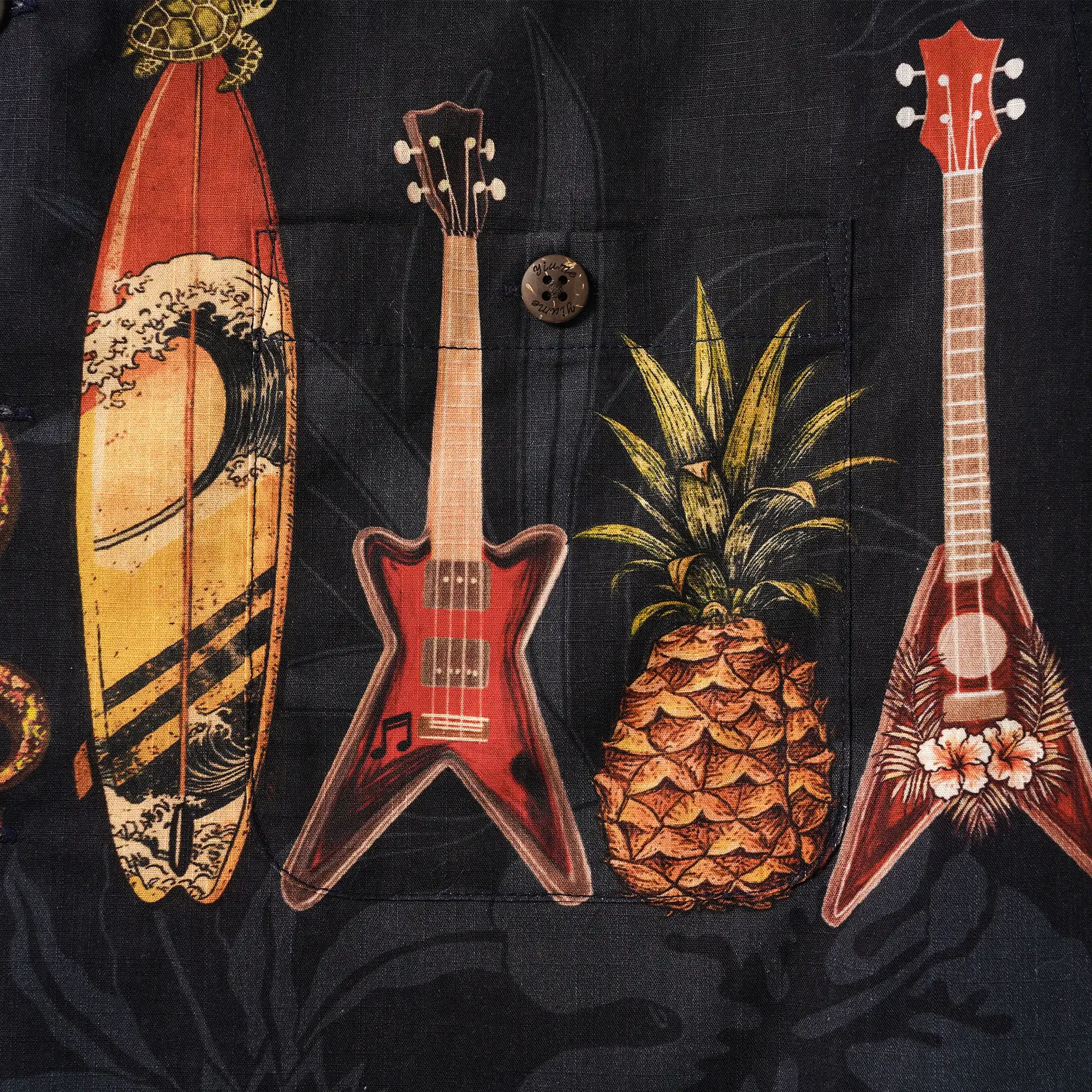 Music Men's Hawaiian Shirt Short Sleeve Camp Collar 100% Cotton Black Aloha Island Serenade
