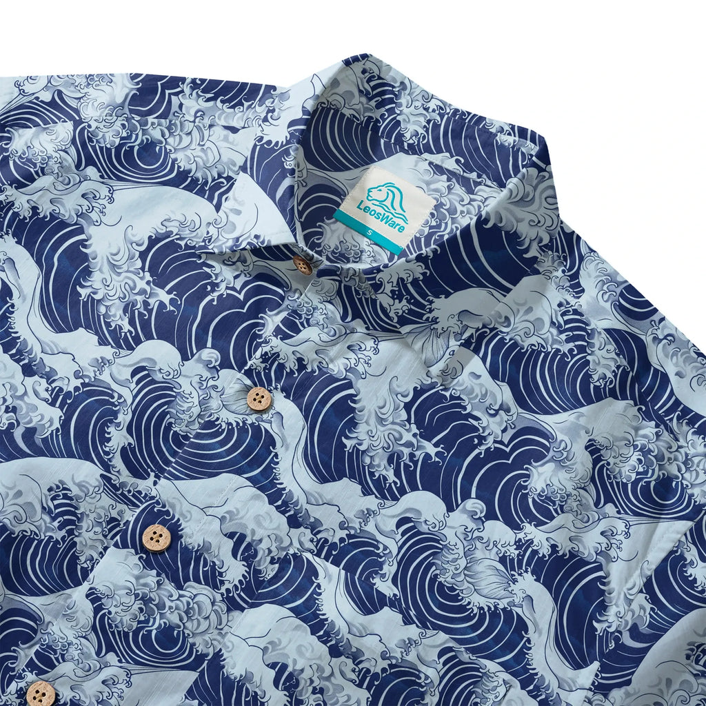 LeosWare® Men's Hawaiian Shirt Short Sleeve Button-up 100% Cotton Blue Aloha Blue Wave World