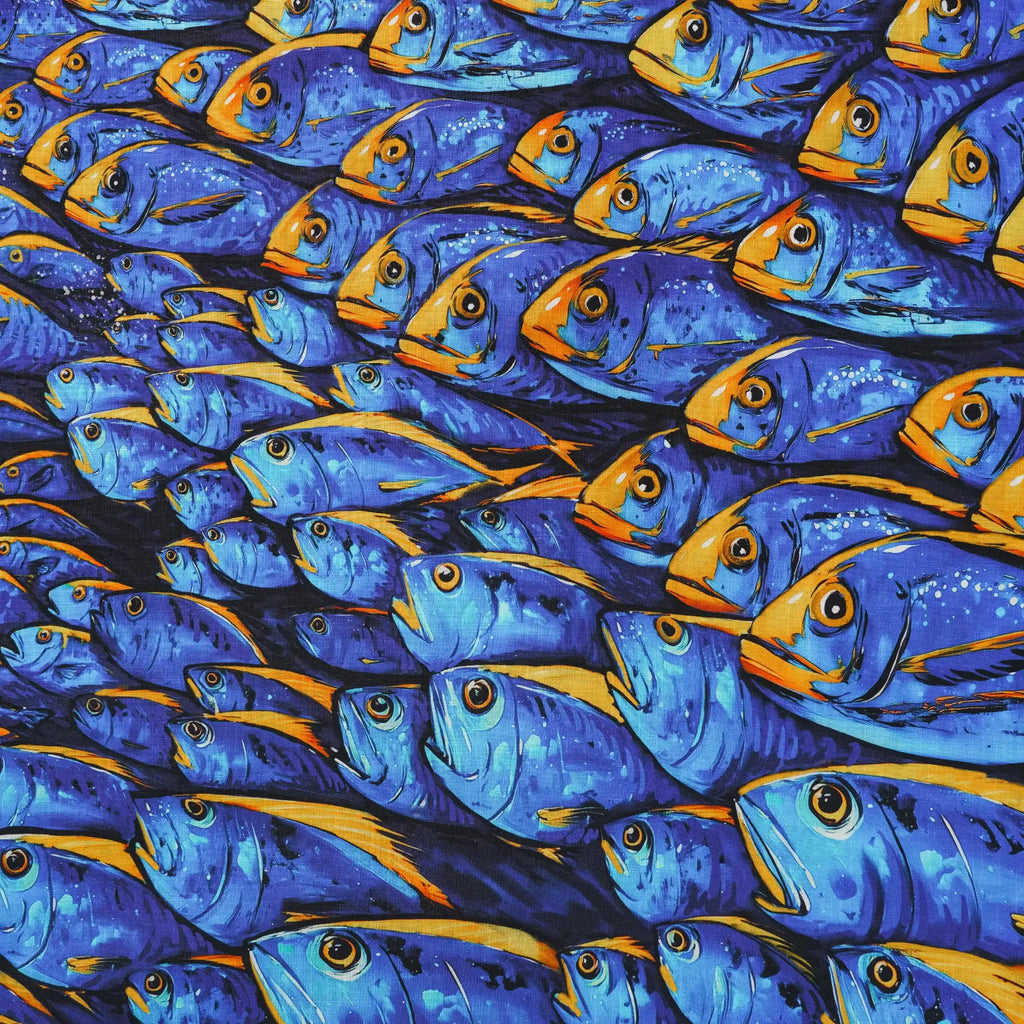 Men's Hawaiian Shirt Short Sleeve Camp Collar 100% Cotton Blue Aloha Ocean Fish Symphony