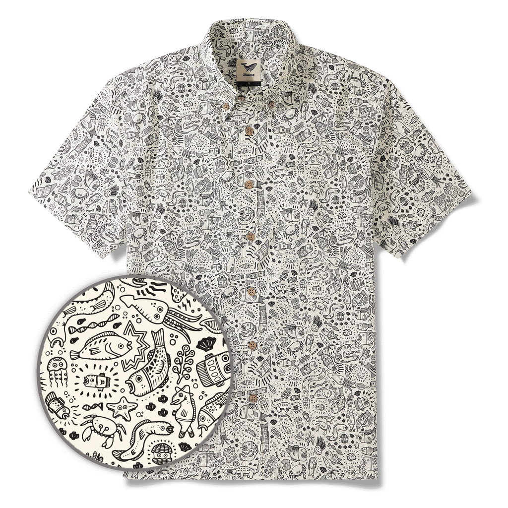 Men's Hawaiian Shirt Short Sleeve Button-down 100% Cotton Beige Aloha Undersea Party By Erwin Ong