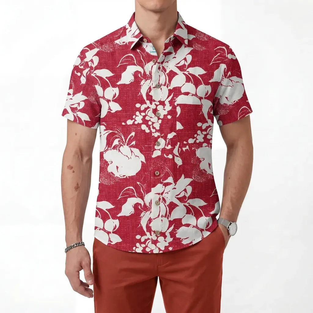LeosWare® Flower Men's Hawaiian Shirt Short Sleeve Button-up 100% Cotton Red Aloha Crimson Blossom Harmony