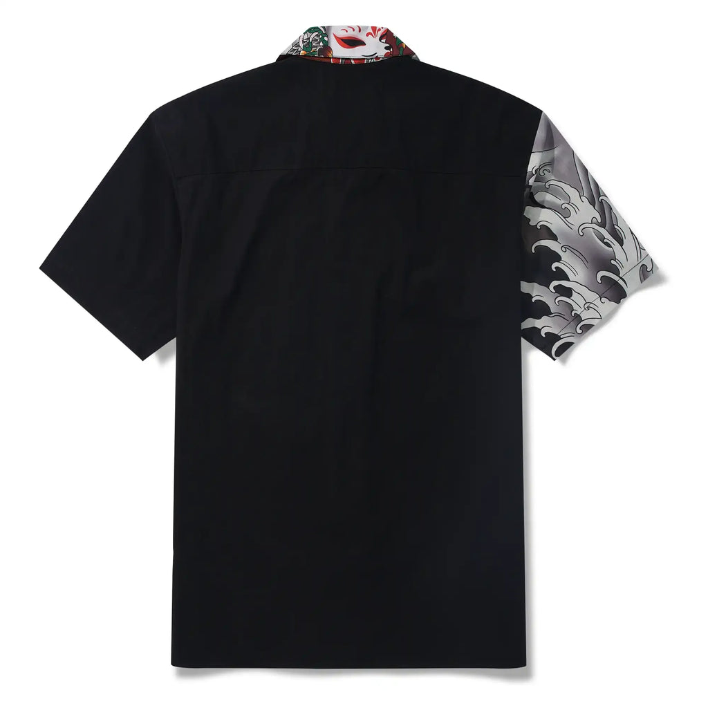 Men's Hawaiian Shirt Short Sleeve Camp Collar 100% Cotton Black Kitsune Mask And Rooster Aloha The Edo Mythos