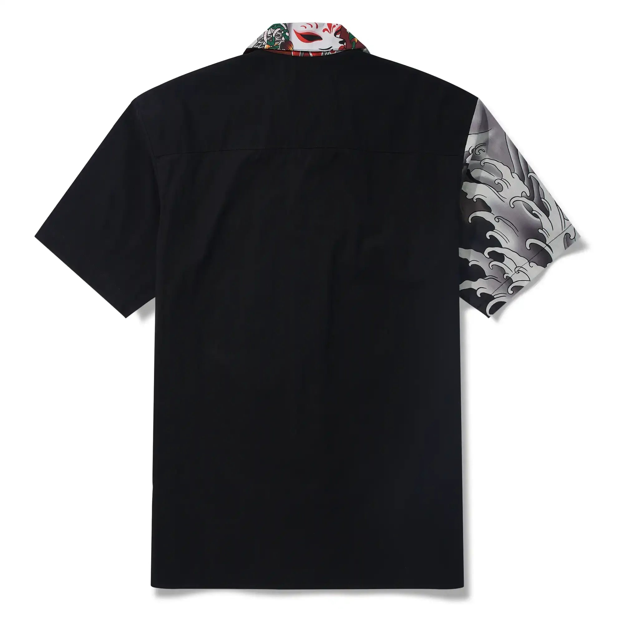 Men's Hawaiian Shirt Short Sleeve Camp Collar 100% Cotton Black Kitsune Mask And Rooster Aloha The Edo Mythos