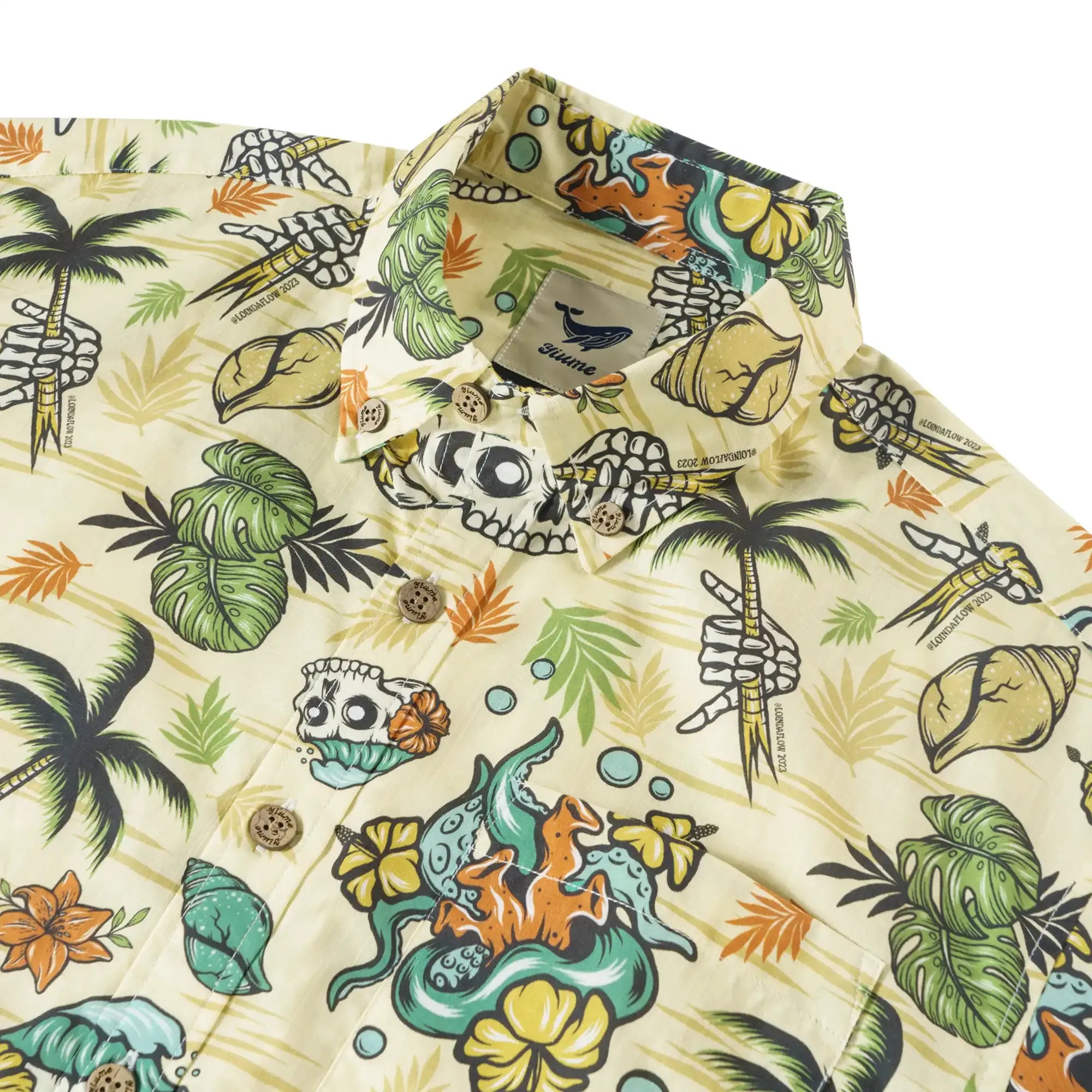 Men's Tropical Hawaiian Shirt 1990s Vintage Skull Shirt Short Sleeve Button-down100% Cotton Green Shirt Aloha Tropical Wilderness Skull By Loinda Flow