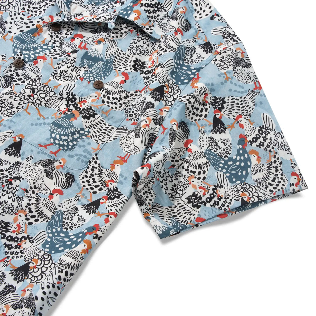 Men's Hawaiian Shirt Short Sleeve Camp Collar 100% Cotton Blue Aloha Clucking Chicken Friends By Annick Schmidt-reichardt
