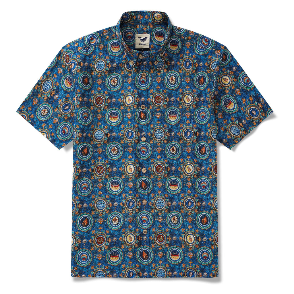 Men's Hawaiian Shirt Short Sleeve Button-down 100% Cotton Blue Aloha Shell Mosaic