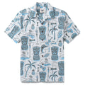 Tiki Men's Hawaiian Shirt Short Sleeve Camp Collar 100% Cotton Blue Aloha