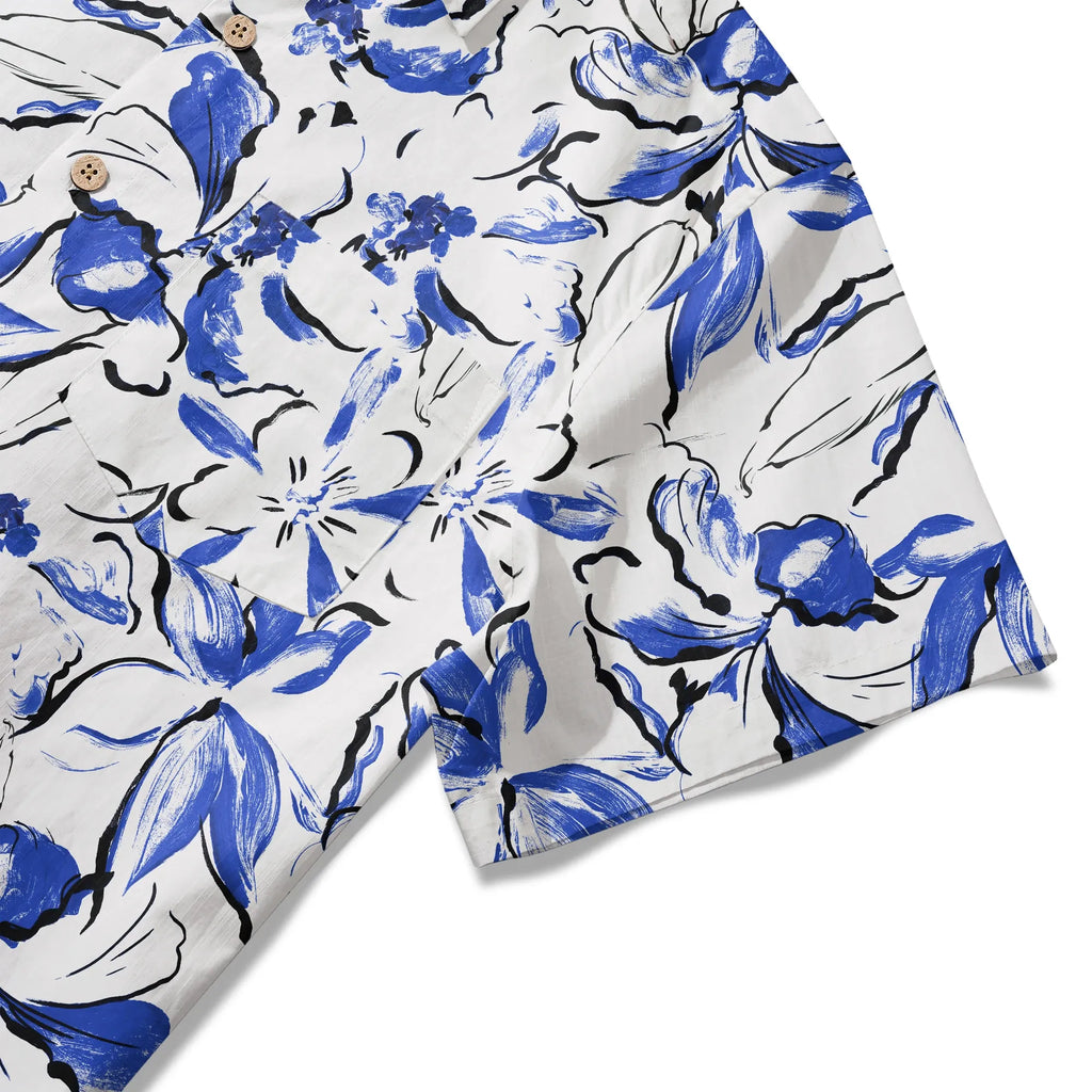 LeosWare® Men's Hawaiian Shirt Short Sleeve Button-up 100% Cotton Blue Aloha Indigo Blossoms Brushstroke