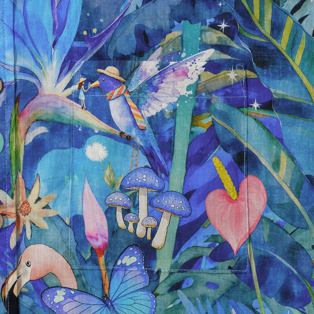 Flamingos Men's Hawaiian Shirt Short Sleeve Button-down 100% Cotton Blue Aloha Magical Jungle Adventure