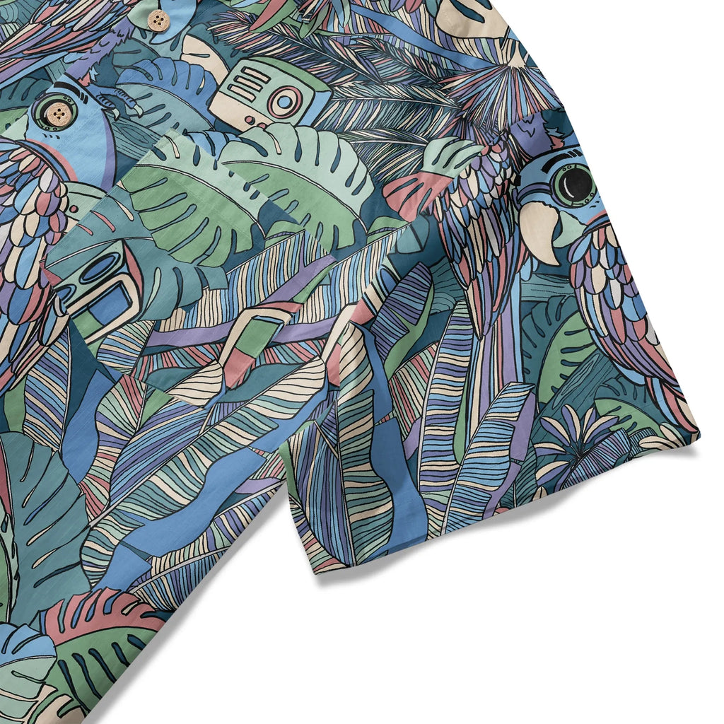 LeosWare® Men's Hawaiian Shirt Short Sleeve Button-up 100% Cotton Blue Aloha Parrot In The Enchanted Forest