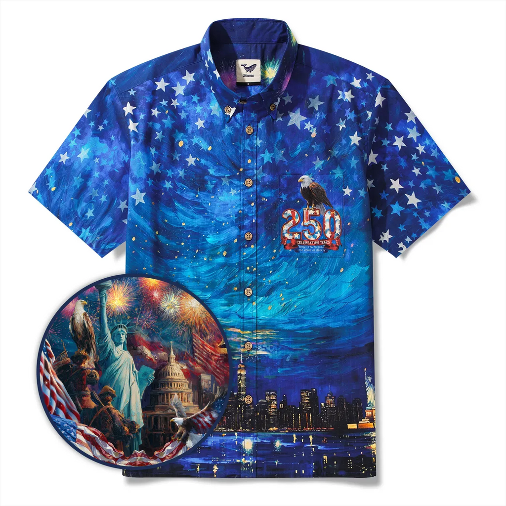 America 250 Men's Hawaiian Shirt Short Sleeve Button-down 100% Cotton Blue Aloha Starry Night Fireworks 250 Celebration