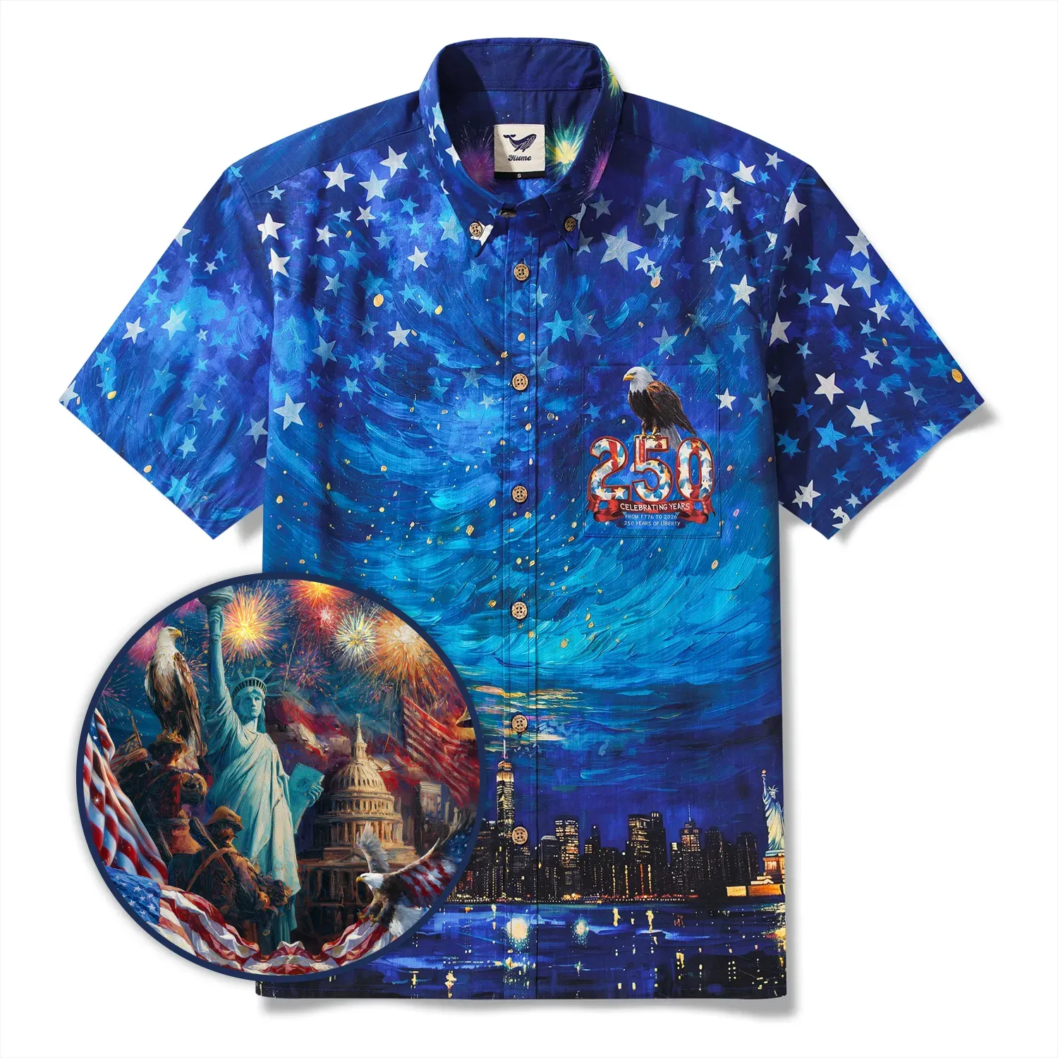 America 250 Men's Hawaiian Shirt Short Sleeve Button-down 100% Cotton Blue Aloha Starry Night Fireworks 250 Celebration