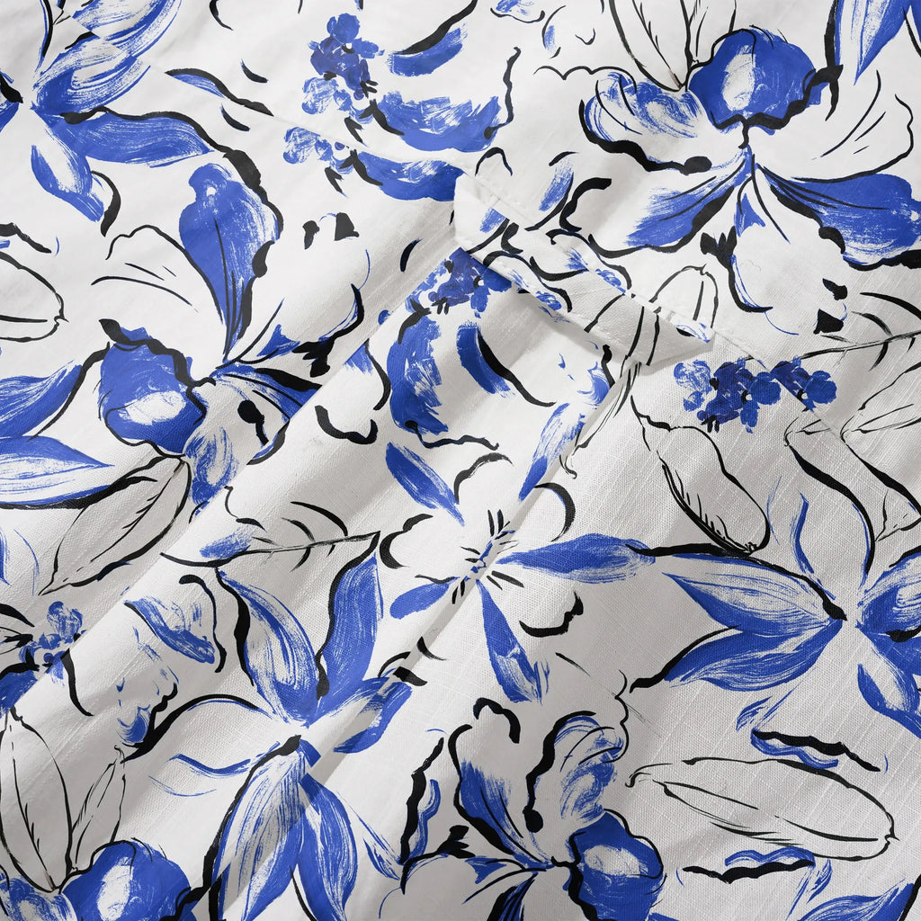 LeosWare® Men's Hawaiian Shirt Short Sleeve Button-up 100% Cotton Blue Aloha Indigo Blossoms Brushstroke