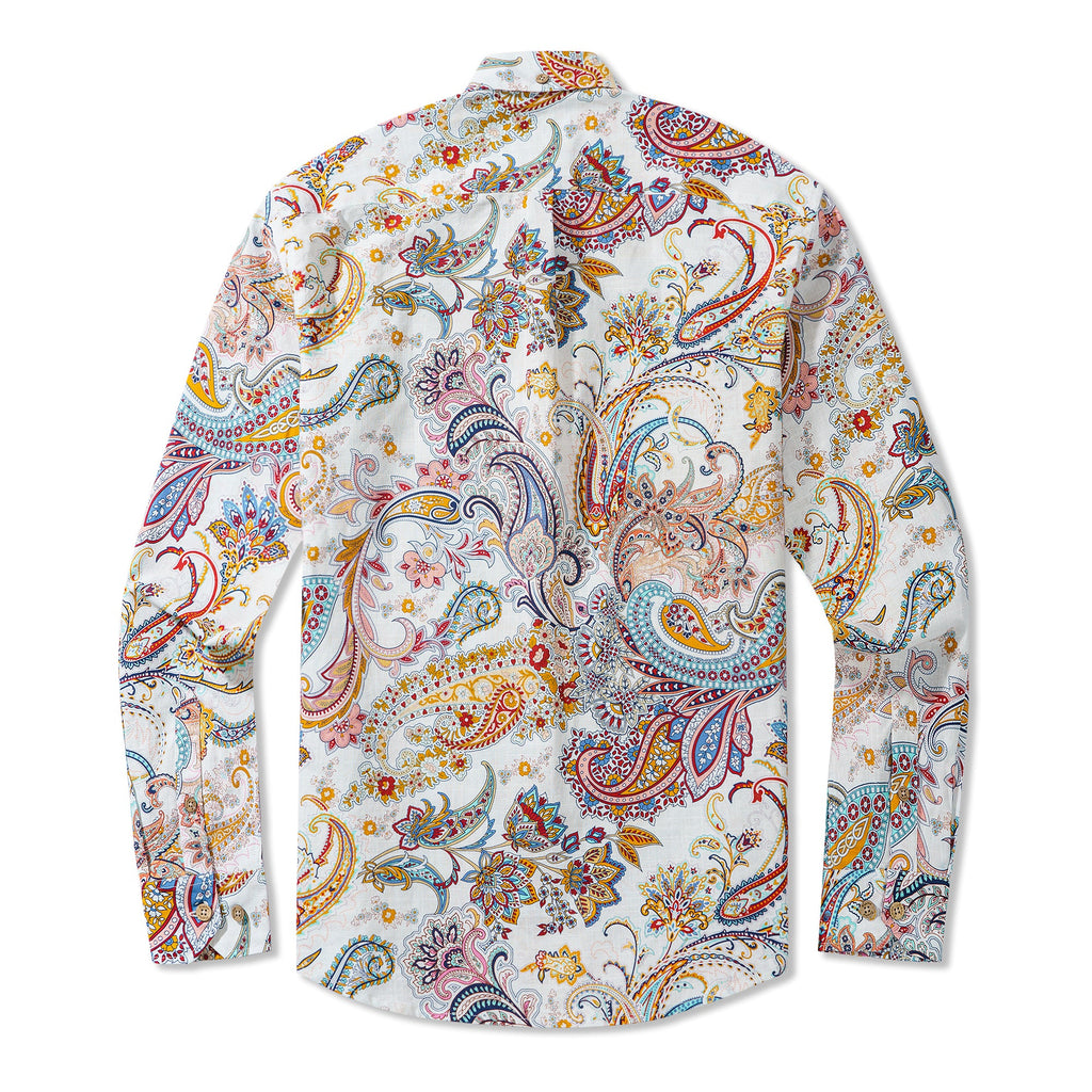 Dance of Paisley 100% Cotton Men's Long Sleeve Button-down Shirt White Aloha Hawaiian