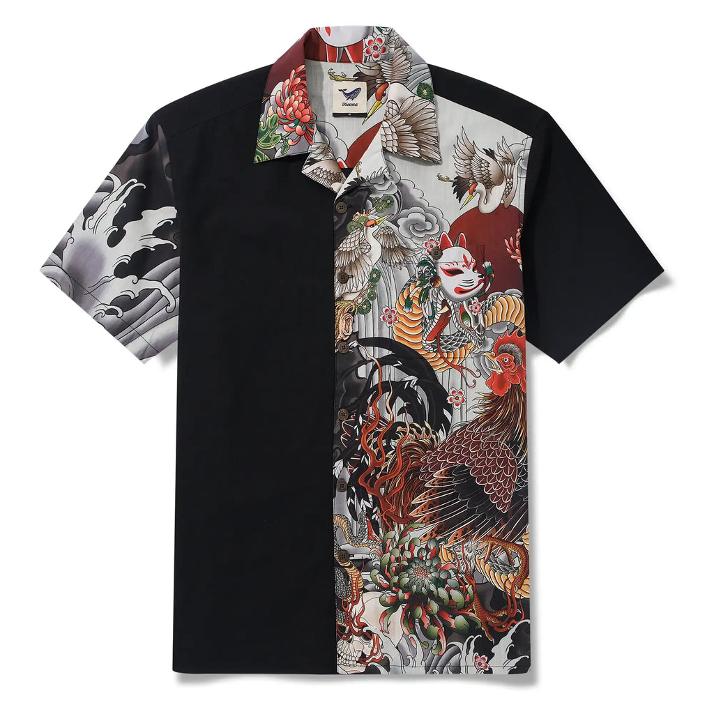 Men's Hawaiian Shirt Short Sleeve Camp Collar 100% Cotton Black Kitsune Mask And Rooster Aloha The Edo Mythos