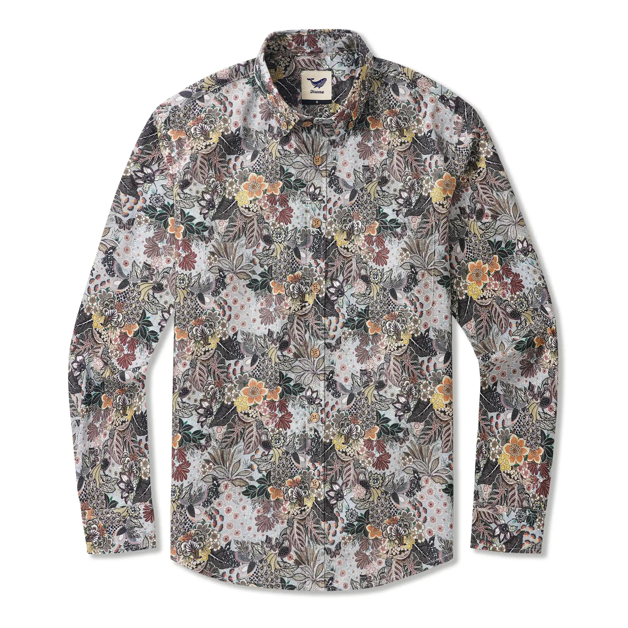 Men's Hawaiian Shirt Long Sleeve Button-down 100% Cotton Brown Aloha Retro Gentleman Art
