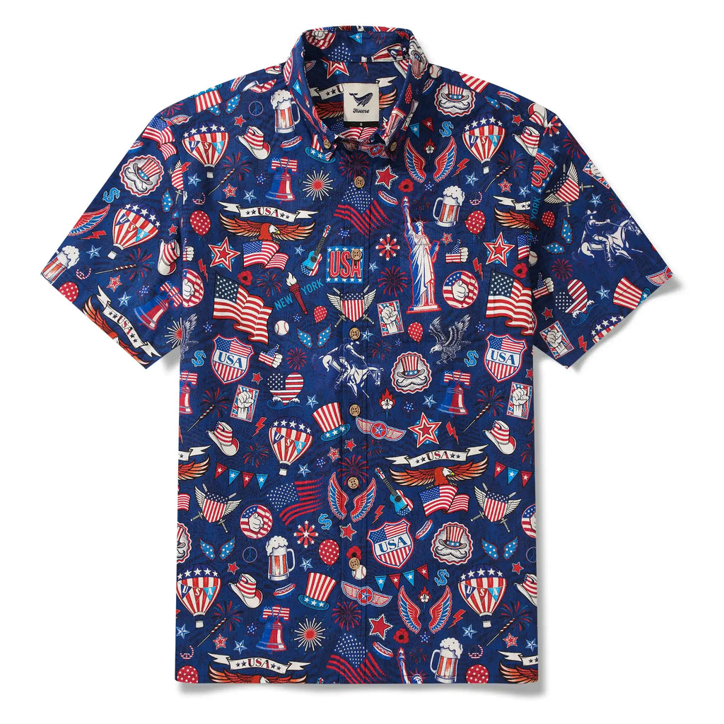 Men's Hawaiian Shirt Short Sleeve Button-down 100% Cotton Blue Aloha Liberty’s Patriot Canvas