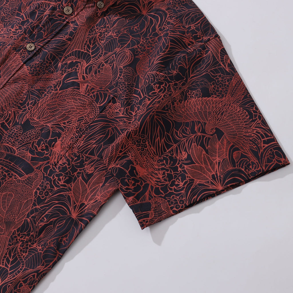 Men's Breathable Shirt Red Hawaiian Shirt Birds Print 100% Cotton Short Sleeve Button-down Shirt