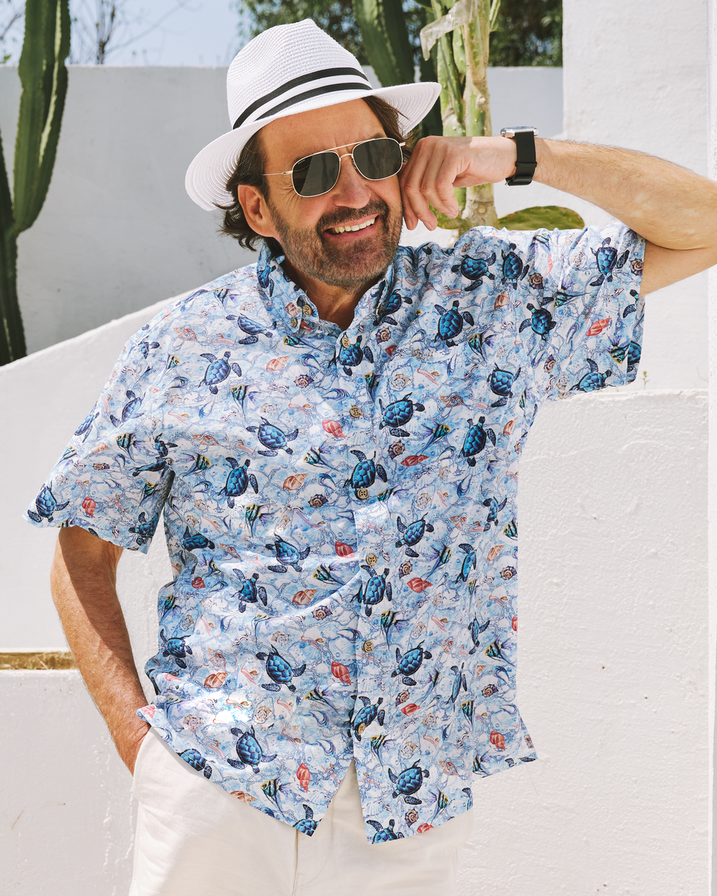 Men's Turtle Shirt Blue Hawaiian Shirt Cotton Button-down Short Sleeve Aloha Shirt A Sea Turtle's Odyssey