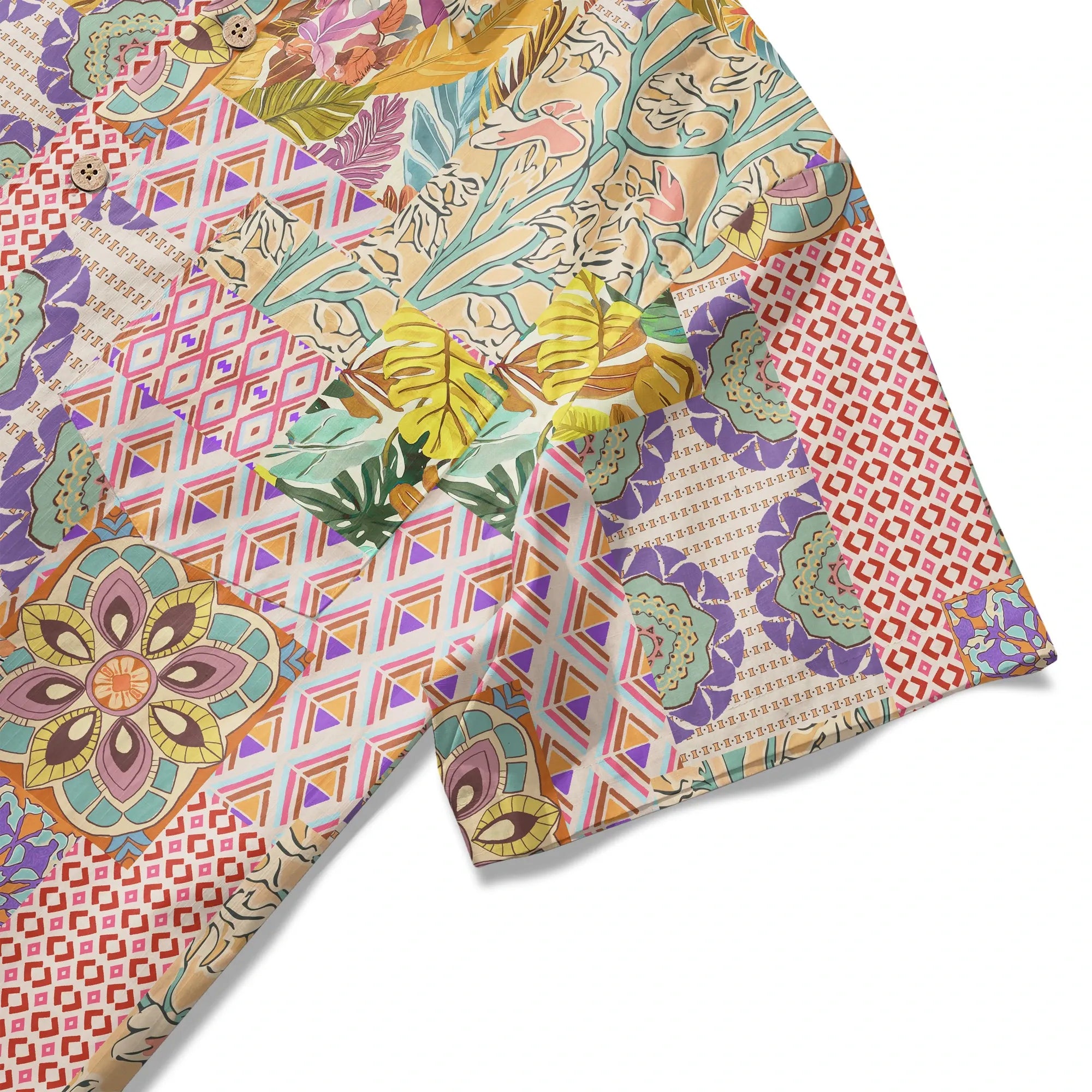 LeosWare® Men's Hawaiian Shirt Short Sleeve Button-up 100% Cotton Yellow Aloha Bohemian Patchwork Paradise