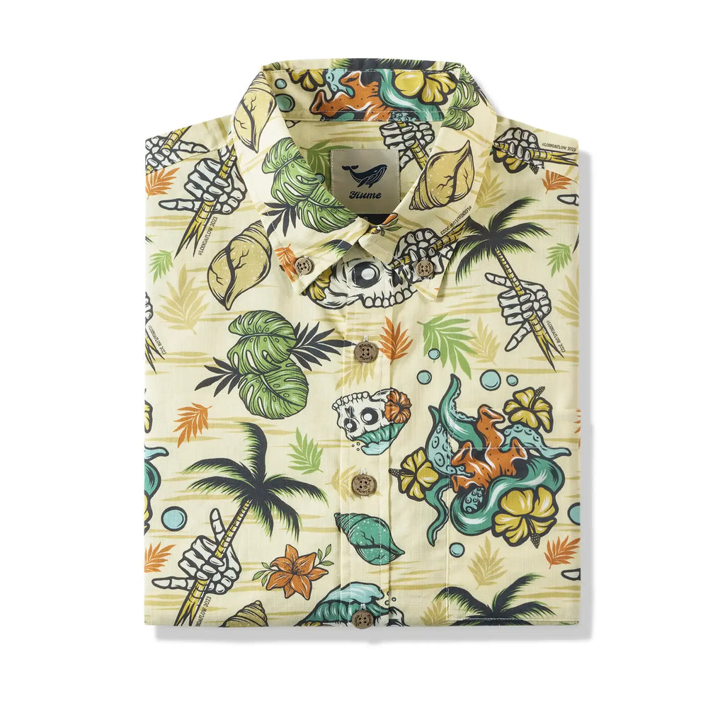 Men's Tropical Hawaiian Shirt 1990s Vintage Skull Shirt Short Sleeve Button-down100% Cotton Green Shirt Aloha Tropical Wilderness Skull By Loinda Flow
