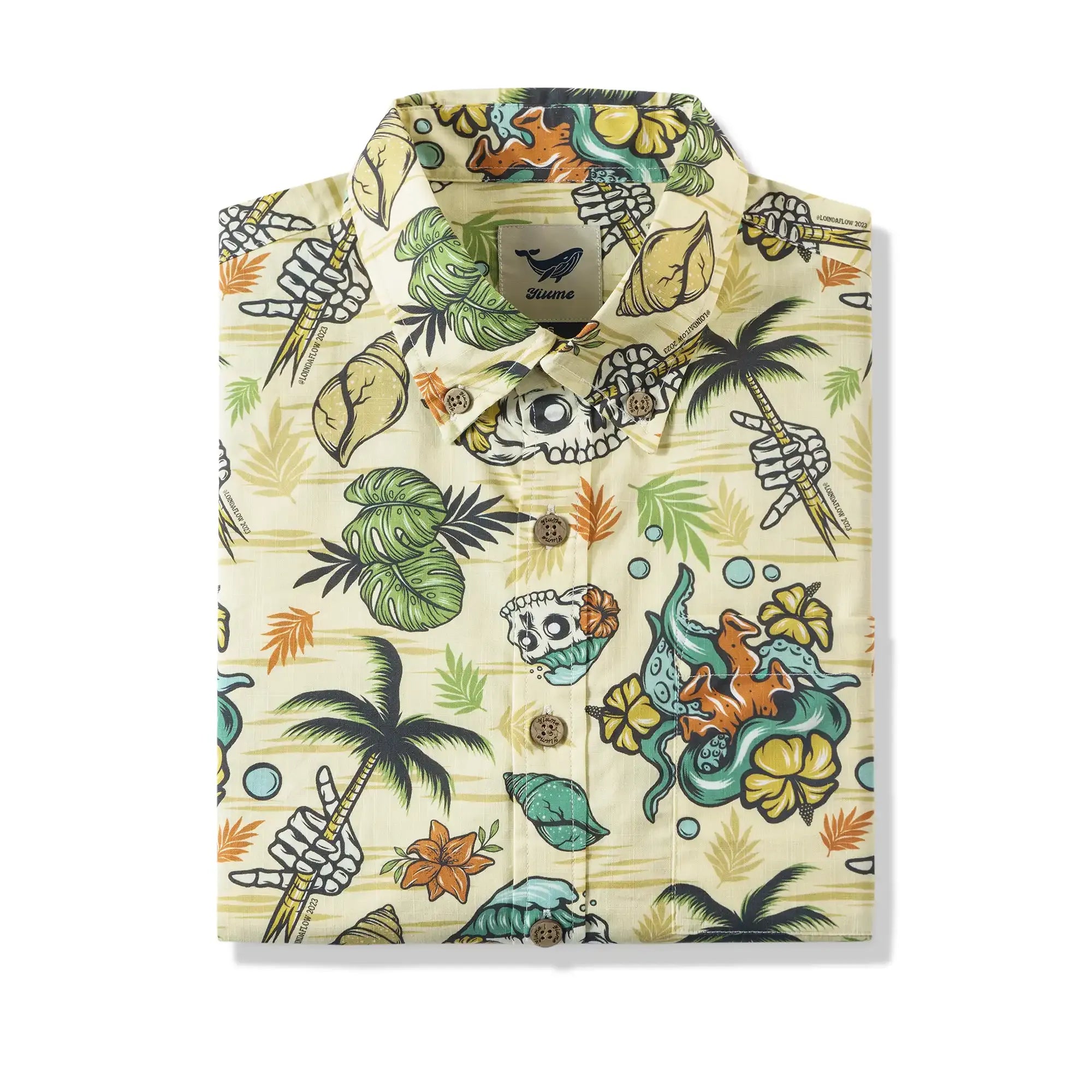 Men's Tropical Hawaiian Shirt 1990s Vintage Skull Shirt Short Sleeve Button-down100% Cotton Green Shirt Aloha Tropical Wilderness Skull By Loinda Flow