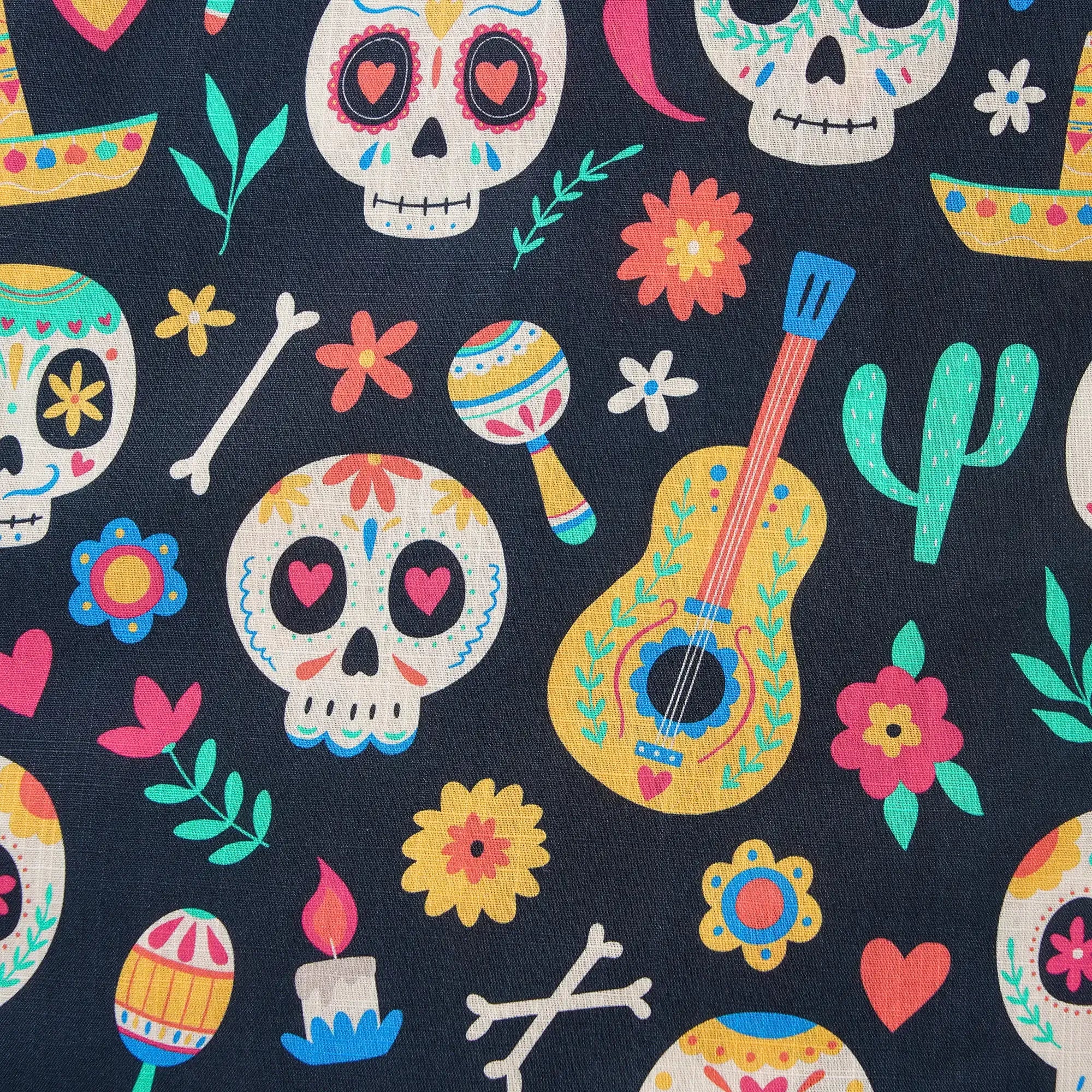 Men's Hawaiian Shirt Short Sleeve Camp Collar 100% Cotton Black Aloha Fiesta Sugar Skulls By Irina Ostapenko Mexican Style
