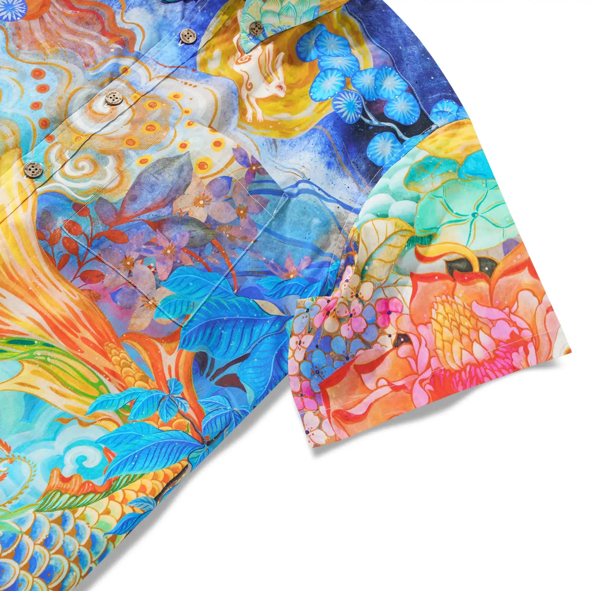 Yiume Men's Designer Hawaiian Shirt Cloud-wandering Koi Print Cotton Blue Aloha Shirt