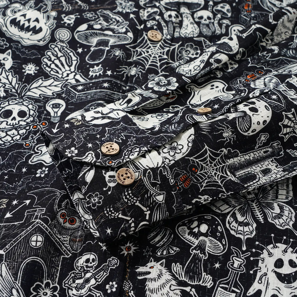 Halloween Gift Men's Hawaiian Shirt Long Sleeve Button-down 100% Cotton Black Aloha Halloween Bash