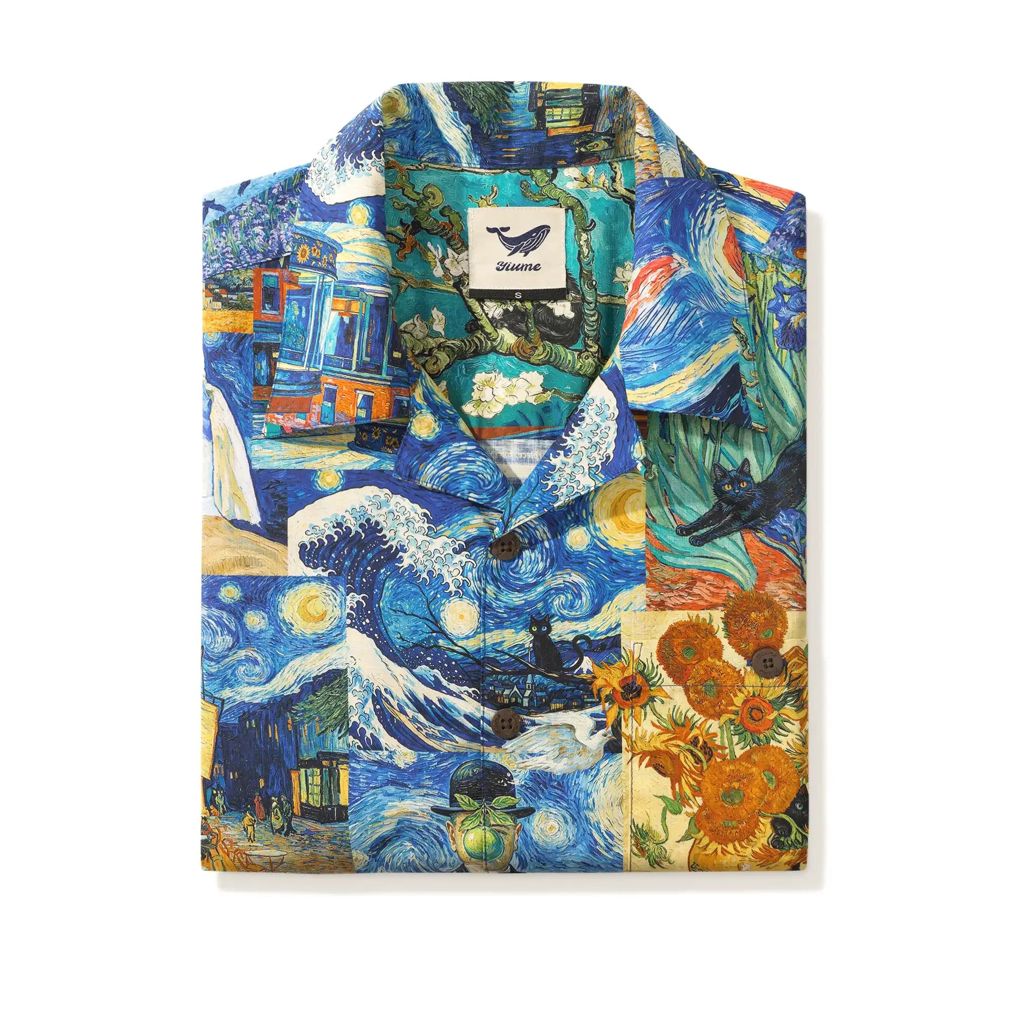 Men's Hawaiian Shirt Short Sleeve Camp Collar 100% Cotton Blue Aloha Starry Night Cat Fantasy