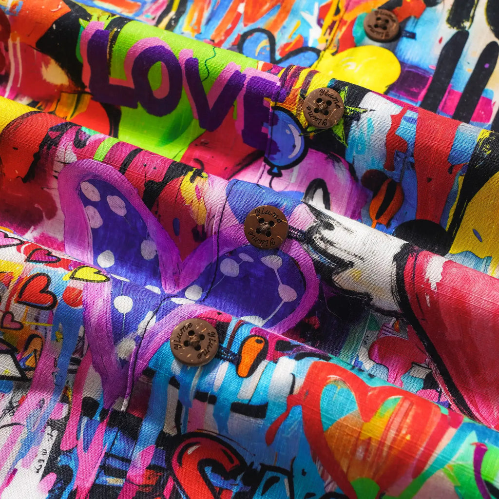 Men's Hawaiian Shirt Short Sleeve Camp Collar 100% Cotton Aloha Artistic Love Graffiti Fun