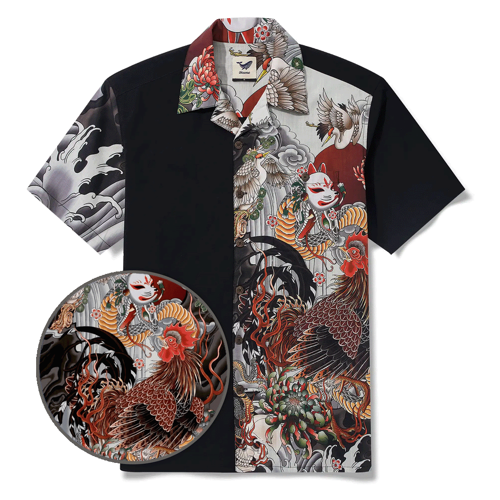 Men's Hawaiian Shirt Short Sleeve Camp Collar 100% Cotton Black Kitsune Mask And Rooster Aloha The Edo Mythos