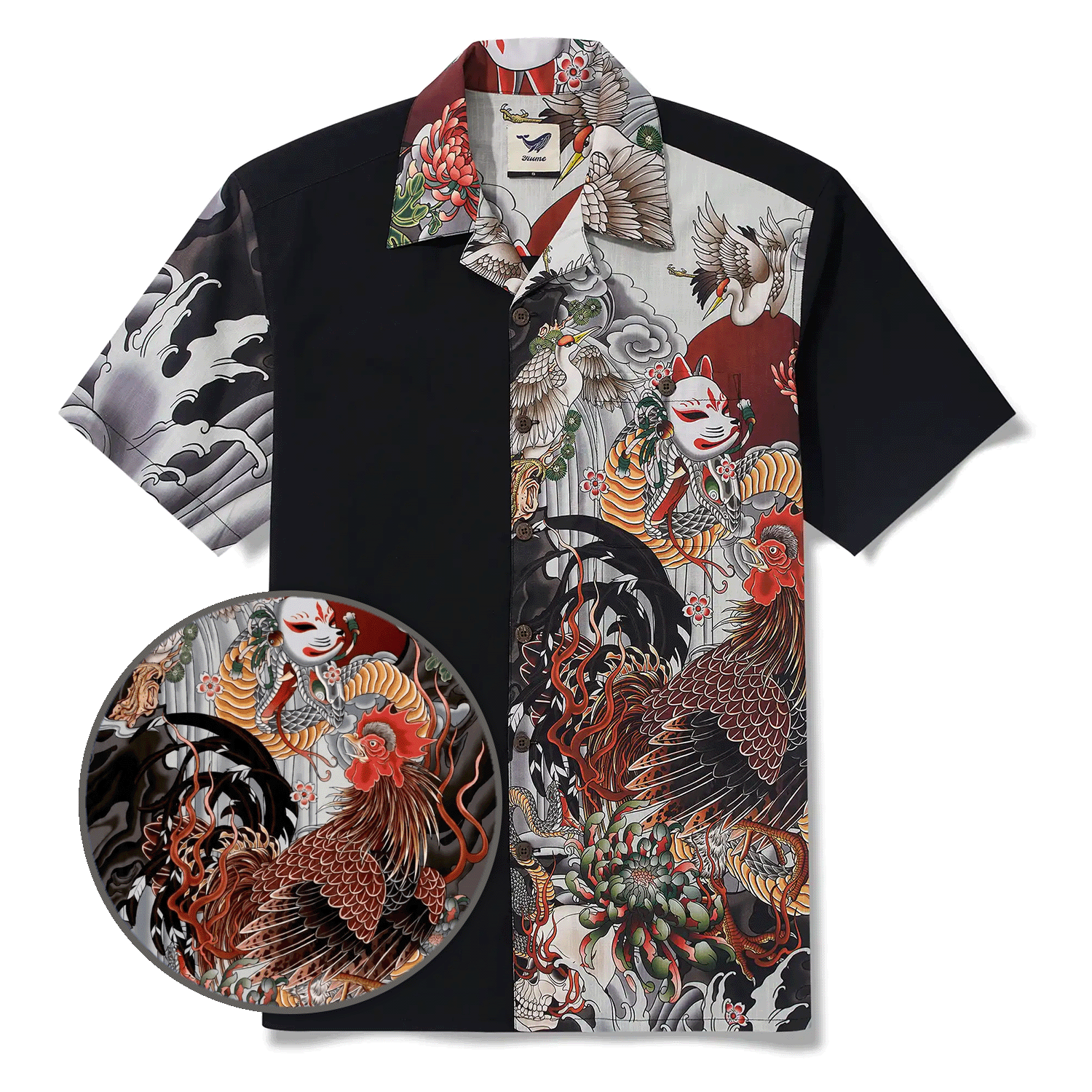 Men's Hawaiian Shirt Short Sleeve Camp Collar 100% Cotton Black Kitsune Mask And Rooster Aloha The Edo Mythos