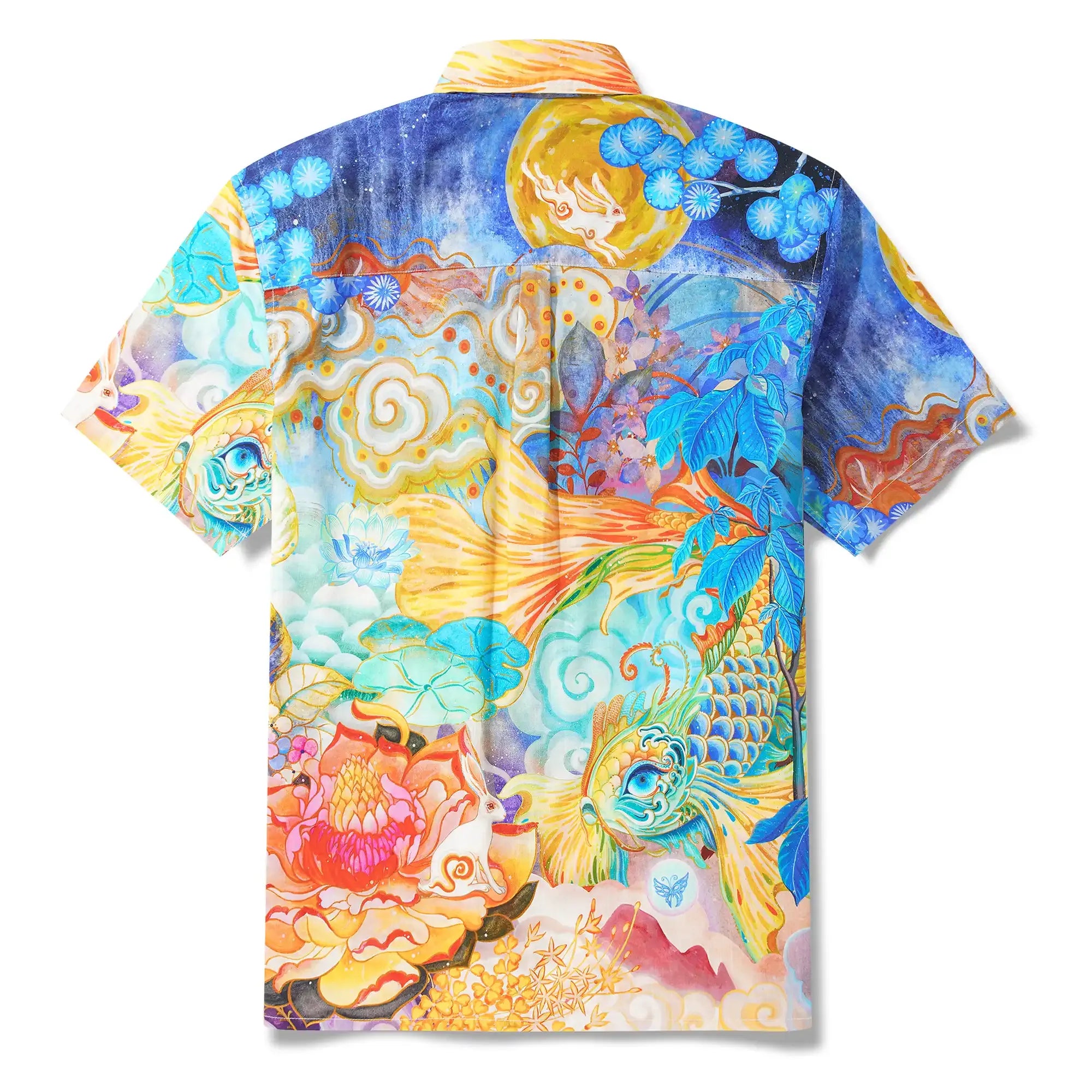 Yiume Men's Designer Hawaiian Shirt Cloud-wandering Koi Print Cotton Blue Aloha Shirt