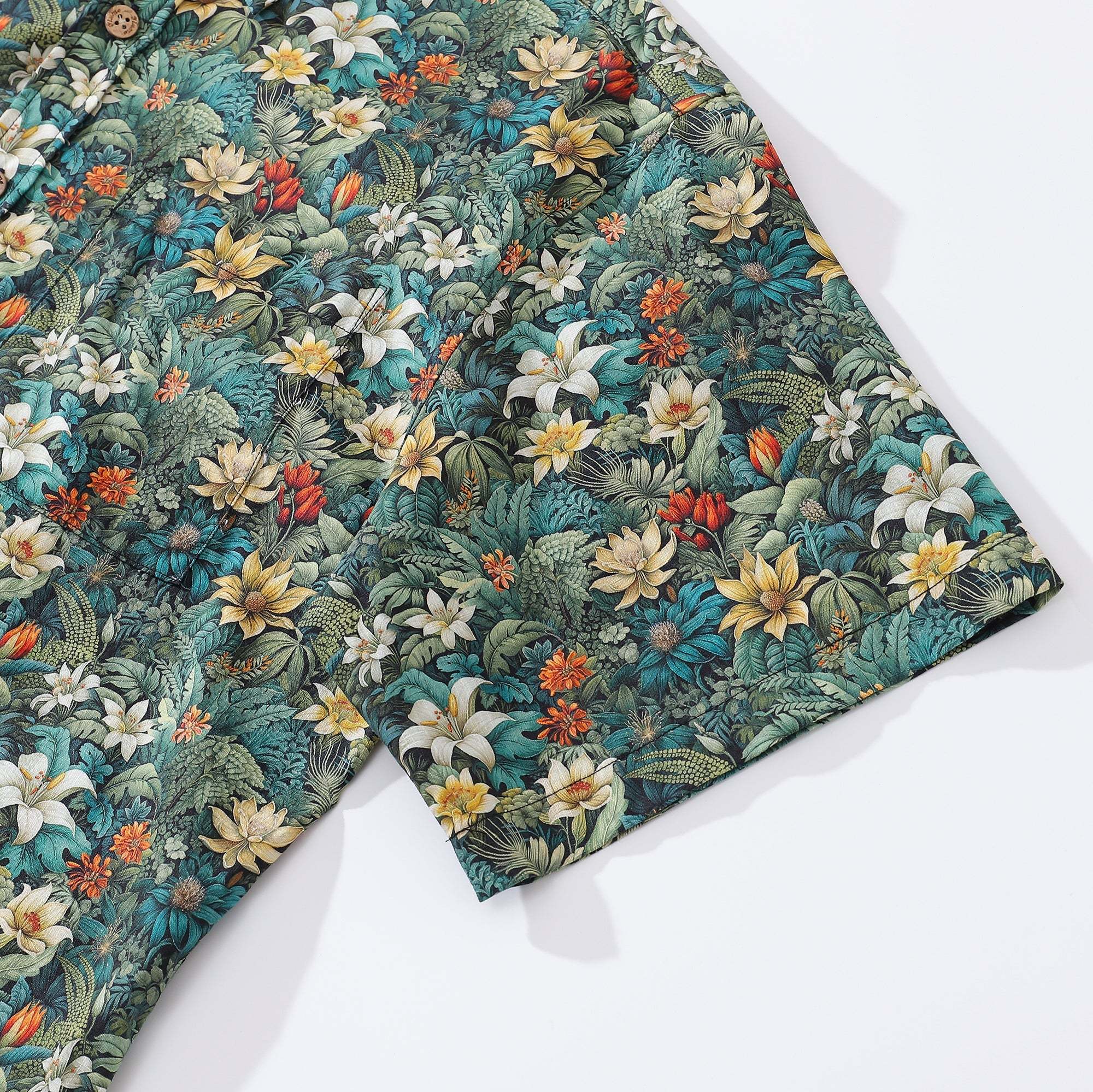 Men's Tropical Hawaiian Shirt Green Cotton Button-down Short Sleeve Aloha Shirt Jungle Adventure