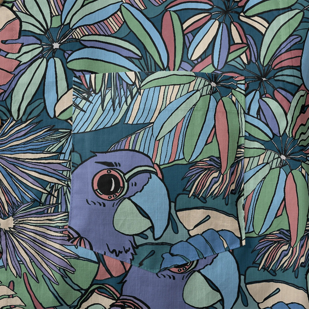 LeosWare® Men's Hawaiian Shirt Short Sleeve Button-up 100% Cotton Blue Aloha Parrot In The Enchanted Forest