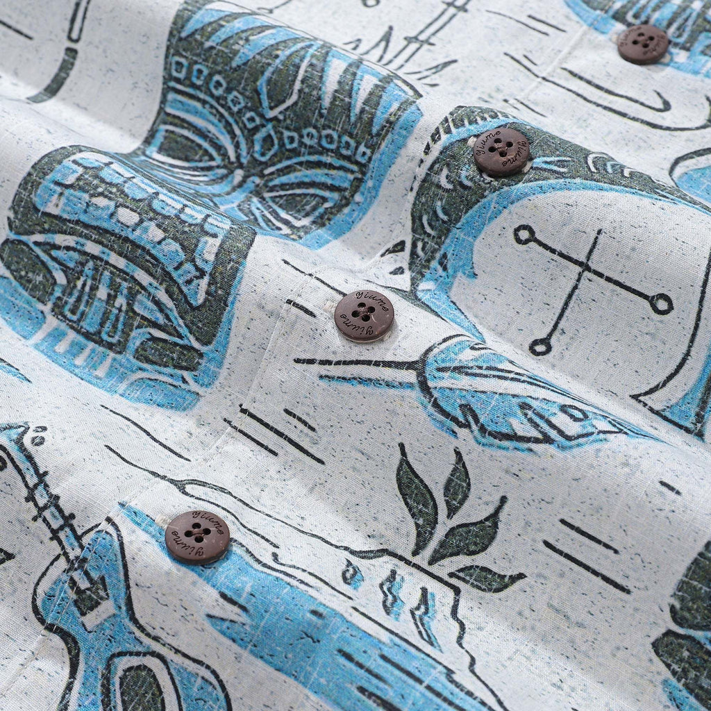 Tiki Men's Hawaiian Shirt Short Sleeve Camp Collar 100% Cotton Blue Aloha