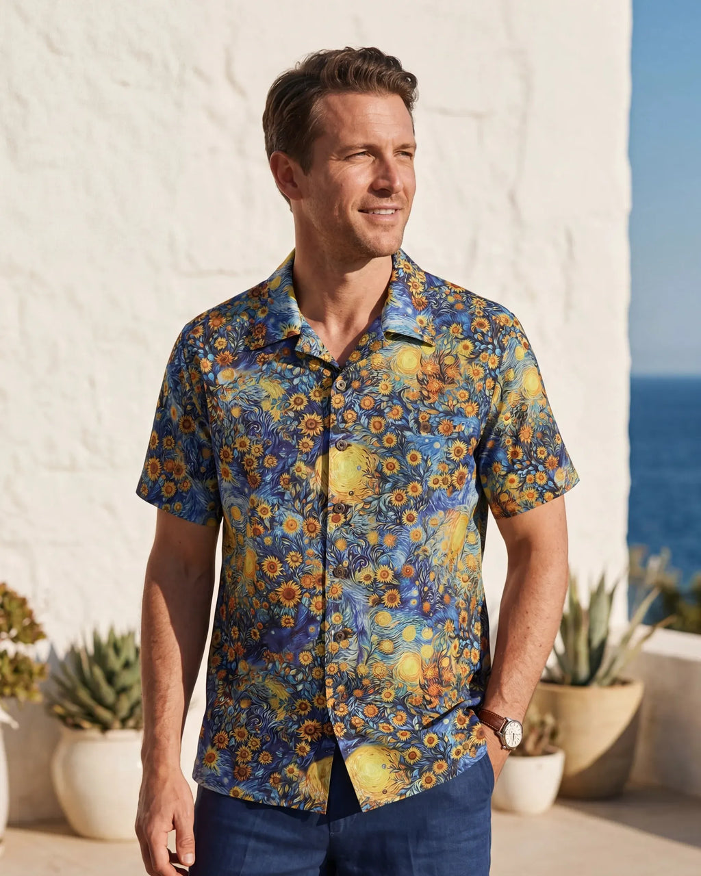 1960s Vintage Hawaiian Shirt For Men Van Gogh Sunflower Shirt 100% Cotton Camp Collar Shirt