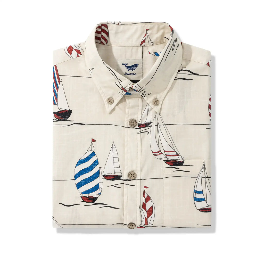 Men's Hawaiian Shirt Short Sleeve Button-down 100% Cotton Blue Aloha Sail into the Horizon