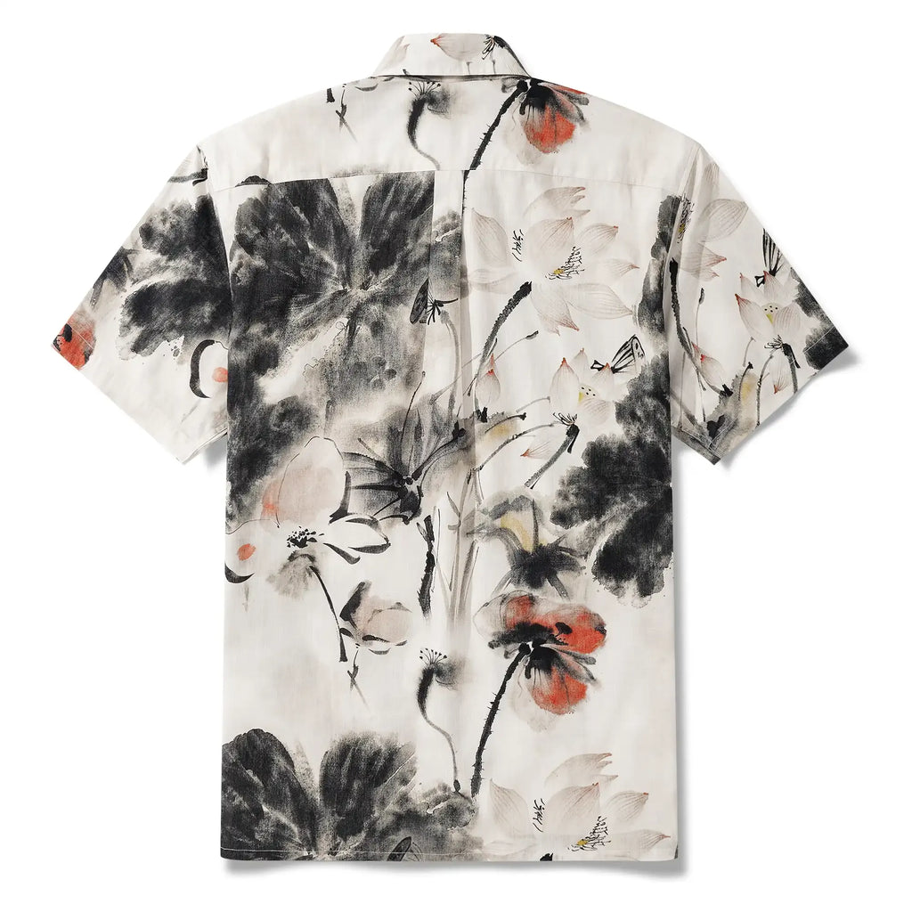 Men's Hawaiian Shirt Short Sleeve Button-down 100% Cotton Gray Aloha Eastern Lotus Elegance Chinese Style Ink Wash Art