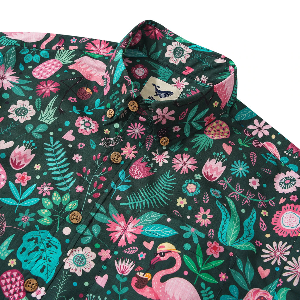Men's Hawaiian Shirt Short Sleeve Button-down 100% Cotton Green Aloha Blush in the Jungle Flamingo
