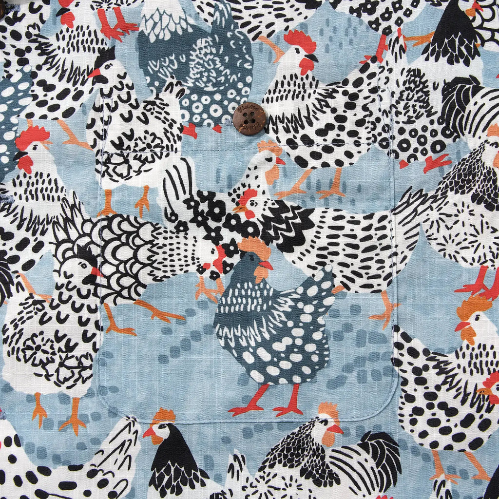 Men's Hawaiian Shirt Short Sleeve Camp Collar 100% Cotton Blue Aloha Clucking Chicken Friends By Annick Schmidt-reichardt