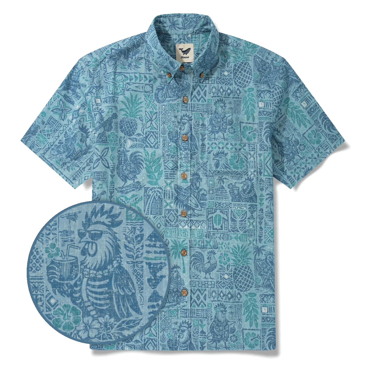 Men's Hawaiian Shirt Short Sleeve Button-down 100% Cotton Blue Rooster Aloha The Bone Voyage