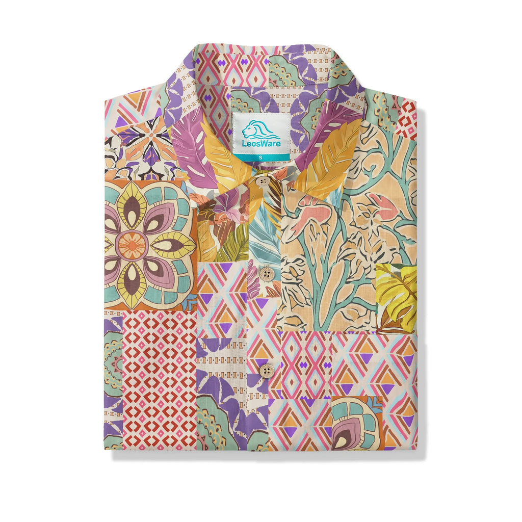 LeosWare® Men's Hawaiian Shirt Short Sleeve Button-up 100% Cotton Yellow Aloha Bohemian Patchwork Paradise