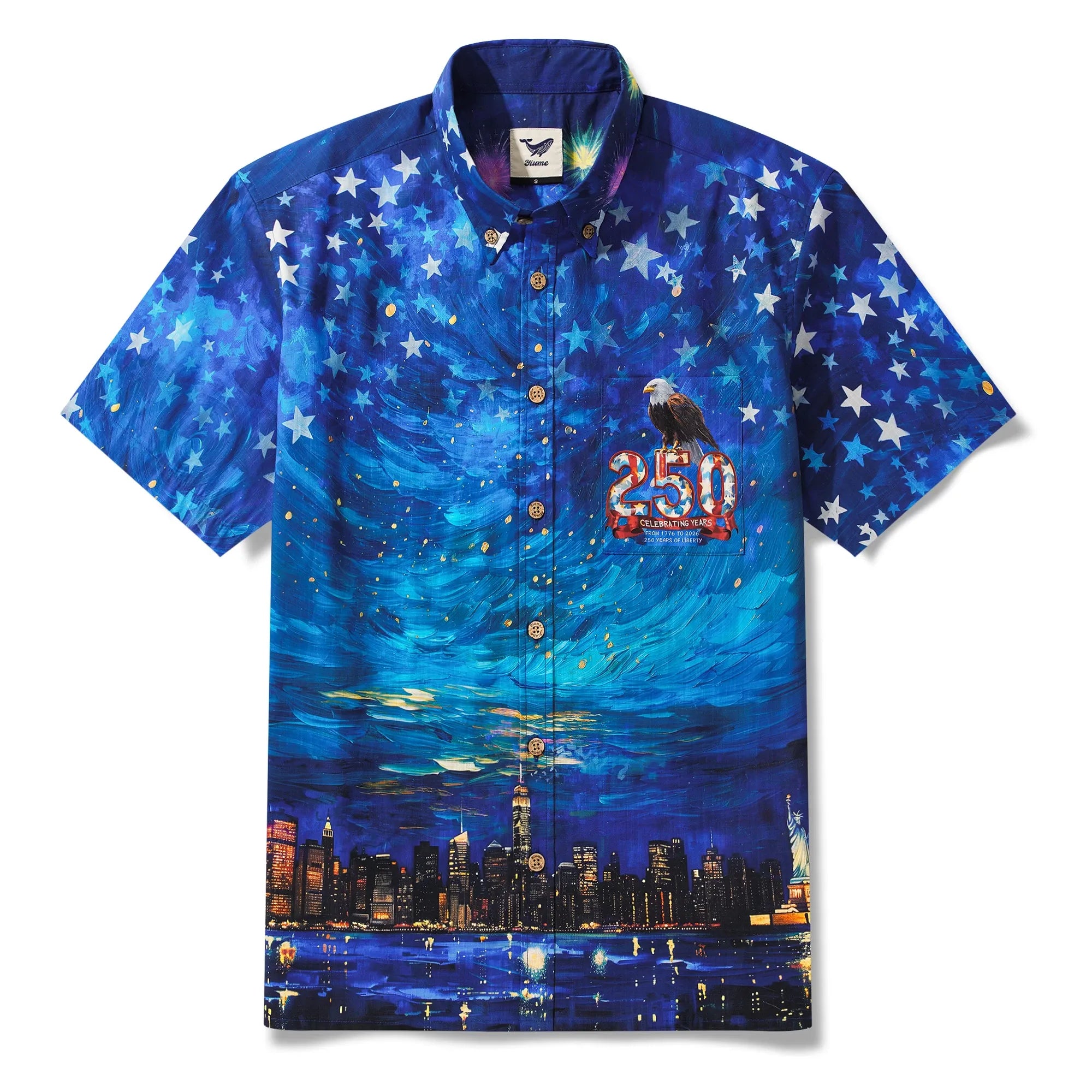 America 250 Men's Hawaiian Shirt Short Sleeve Button-down 100% Cotton Blue Aloha Starry Night Fireworks 250 Celebration