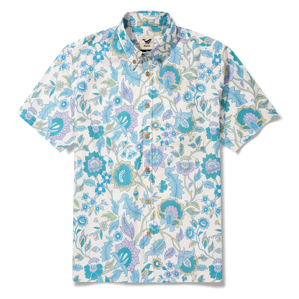 Men's Hawaiian Shirt Short Sleeve Button-down 100% Cotton Blue Aloha Farmhouse Italian Florals By Aqua Bubble