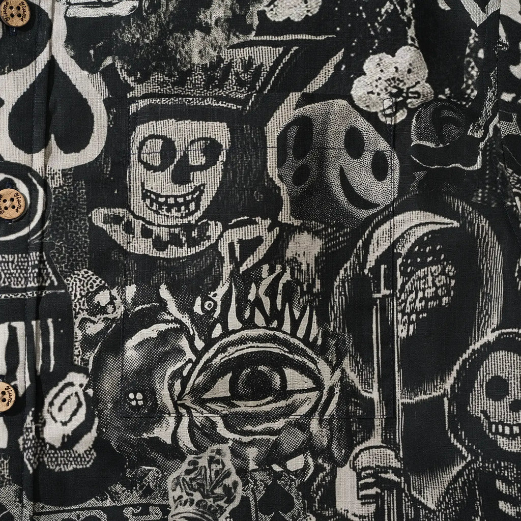 Men's Hawaiian Shirt Short Sleeve Button-down 100% Cotton Black Aloha Dark Poker Graffiti