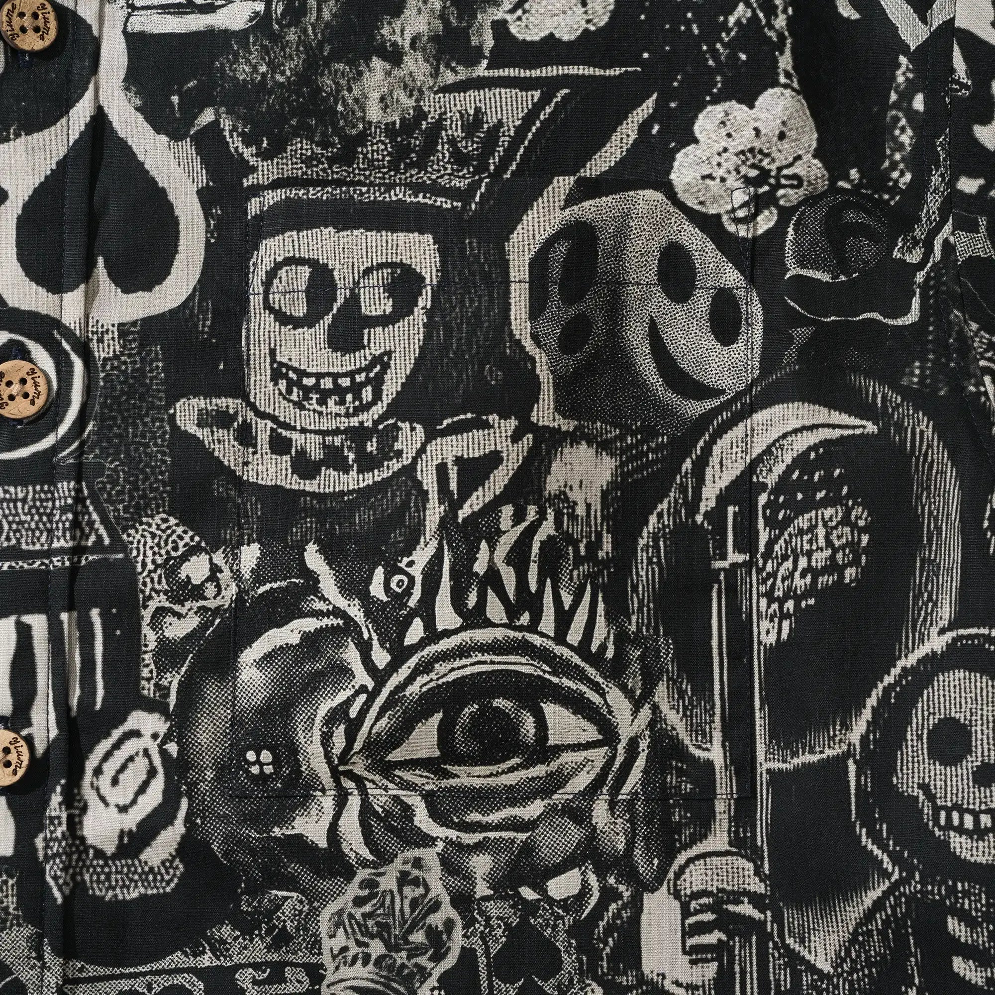 Men's Hawaiian Shirt Short Sleeve Button-down 100% Cotton Black Aloha Dark Poker Graffiti