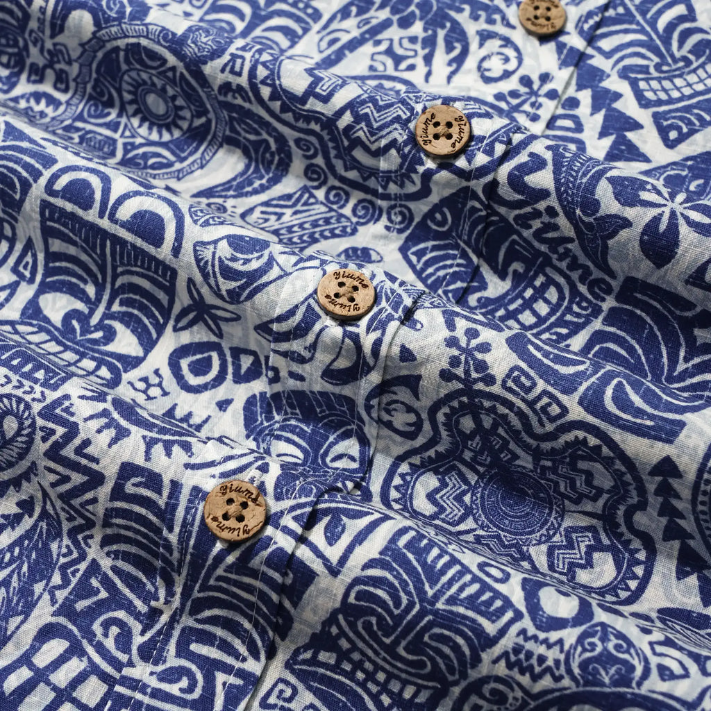 Men's Hawaiian Shirt Short Sleeve Button-down 100% Cotton Blue Aloha Tiki Retro Totem