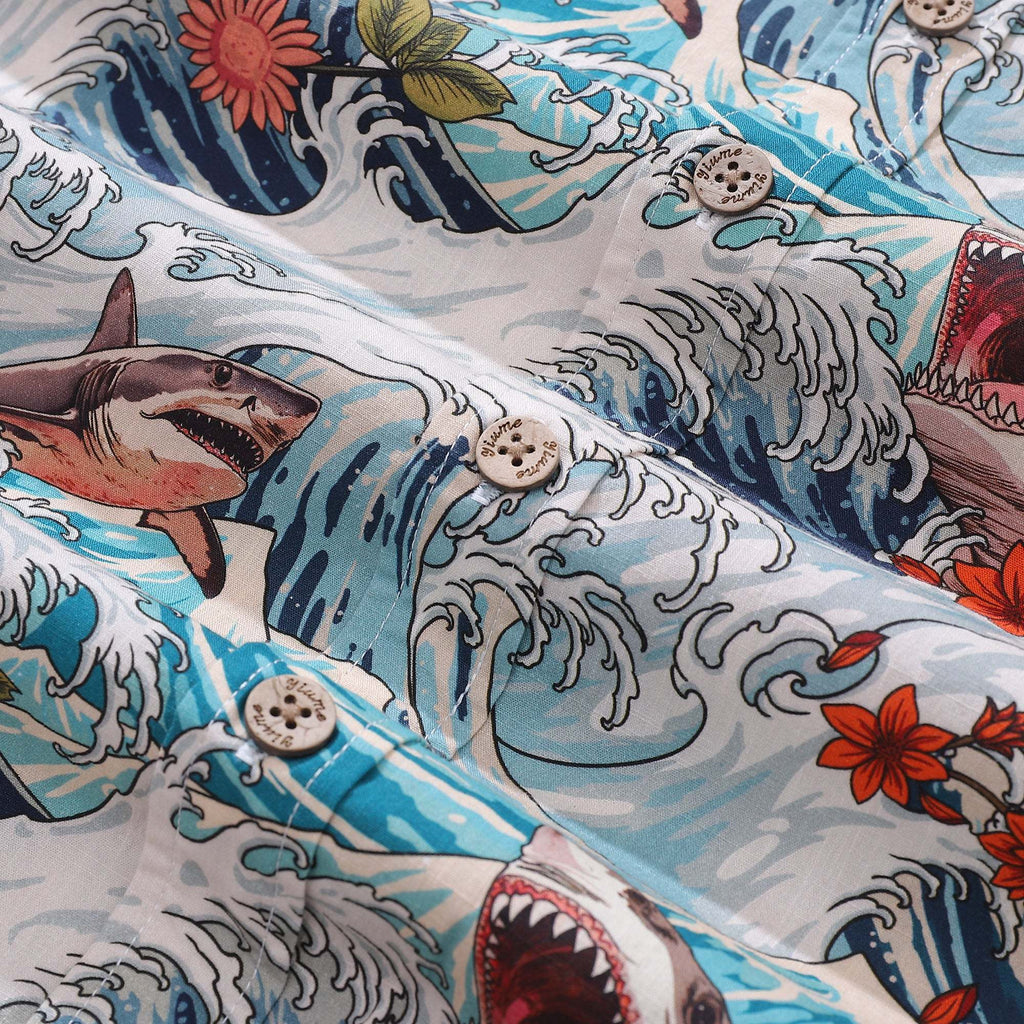 Men's Resort Wear Shirt Turbulence at Sea with Sharks Print Short Sleeve Hawaiian Shirt For Men